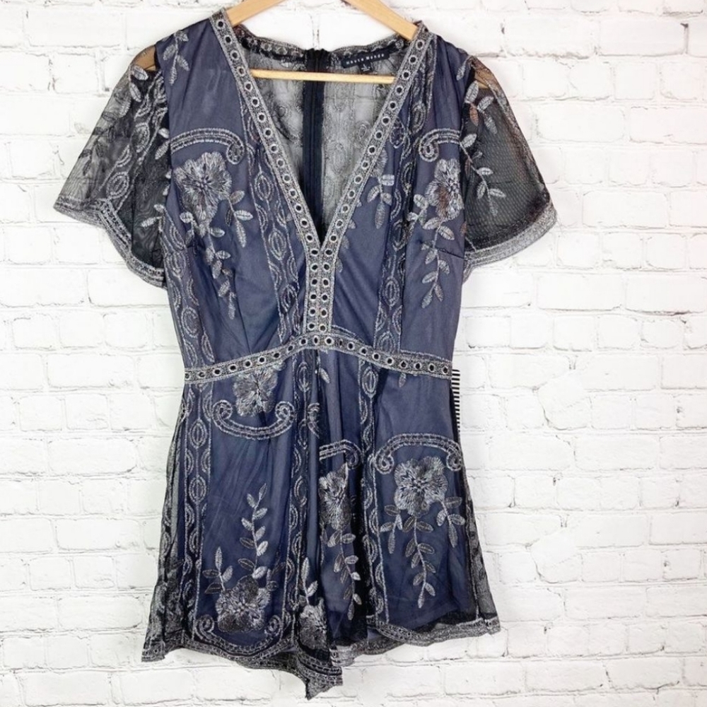 Haute monde black blue and gray mesh romper